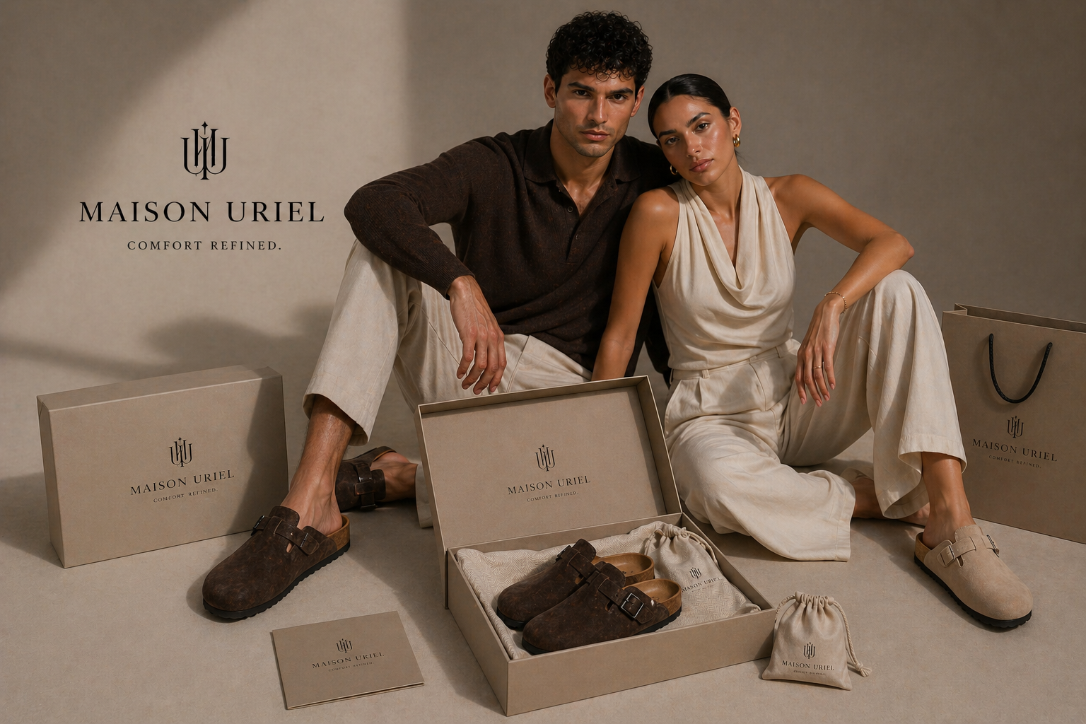 Maison Clogg campaign — couple in linen outfits with clogs and signature boxes